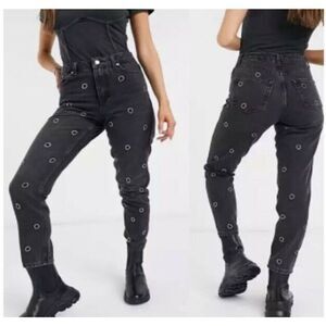 TopShop 26/30 Black alien sequined appliqué high rise cropped mom jeans